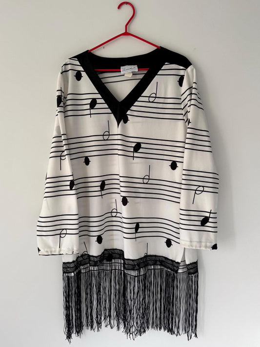 70s vintage sheet music lover fringed trim long sleeved dress