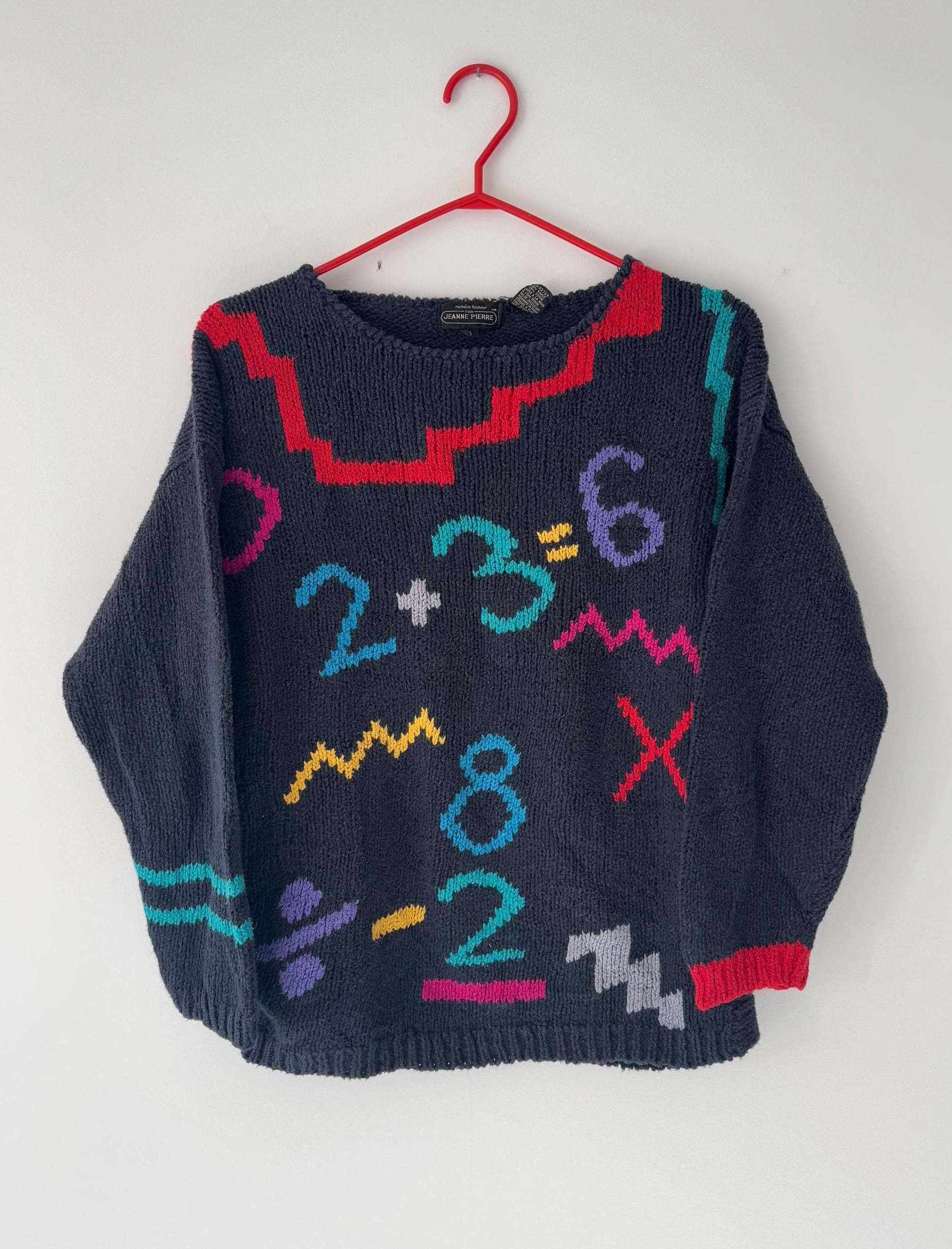 80s vintage novelty abstract numbers graphic knit sweater