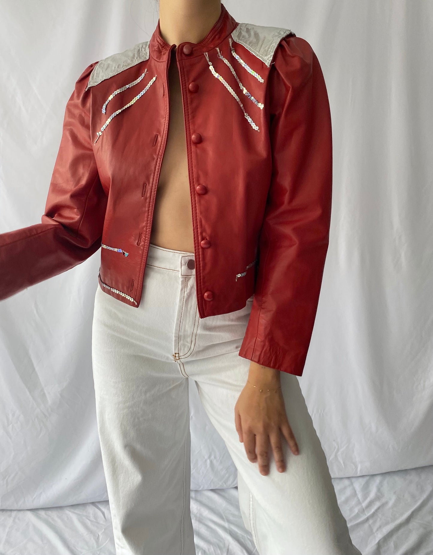 80s vintage red faux leather cropped jacket - extra small, small | michael jackson thriller disco party blazer