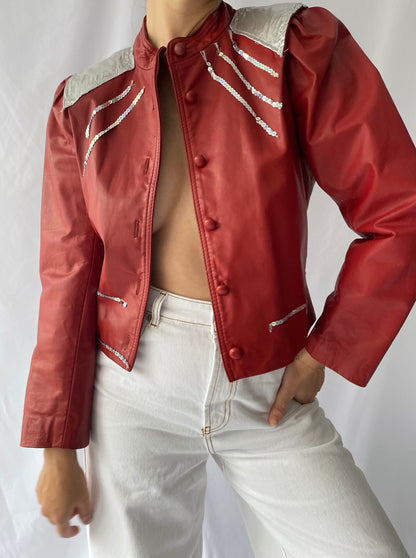 80s vintage red faux leather cropped jacket - extra small, small | michael jackson thriller disco party blazer