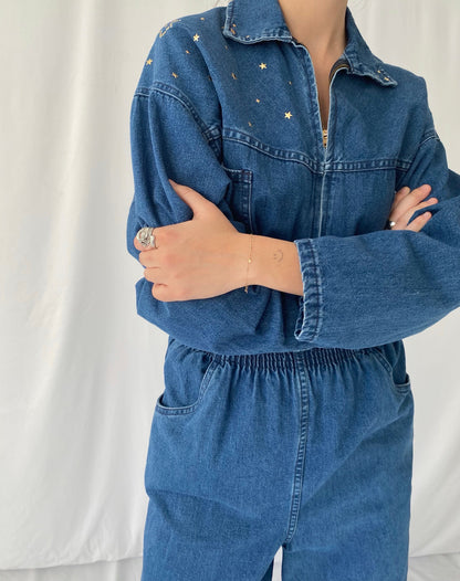 80s vintage blue denim long sleeved jumpsuit - medium large | heavy cotton utility workwear full zip jean pantsuit