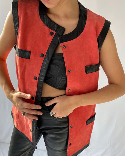 90s vintage danier coral hot pink suede leather button up vest