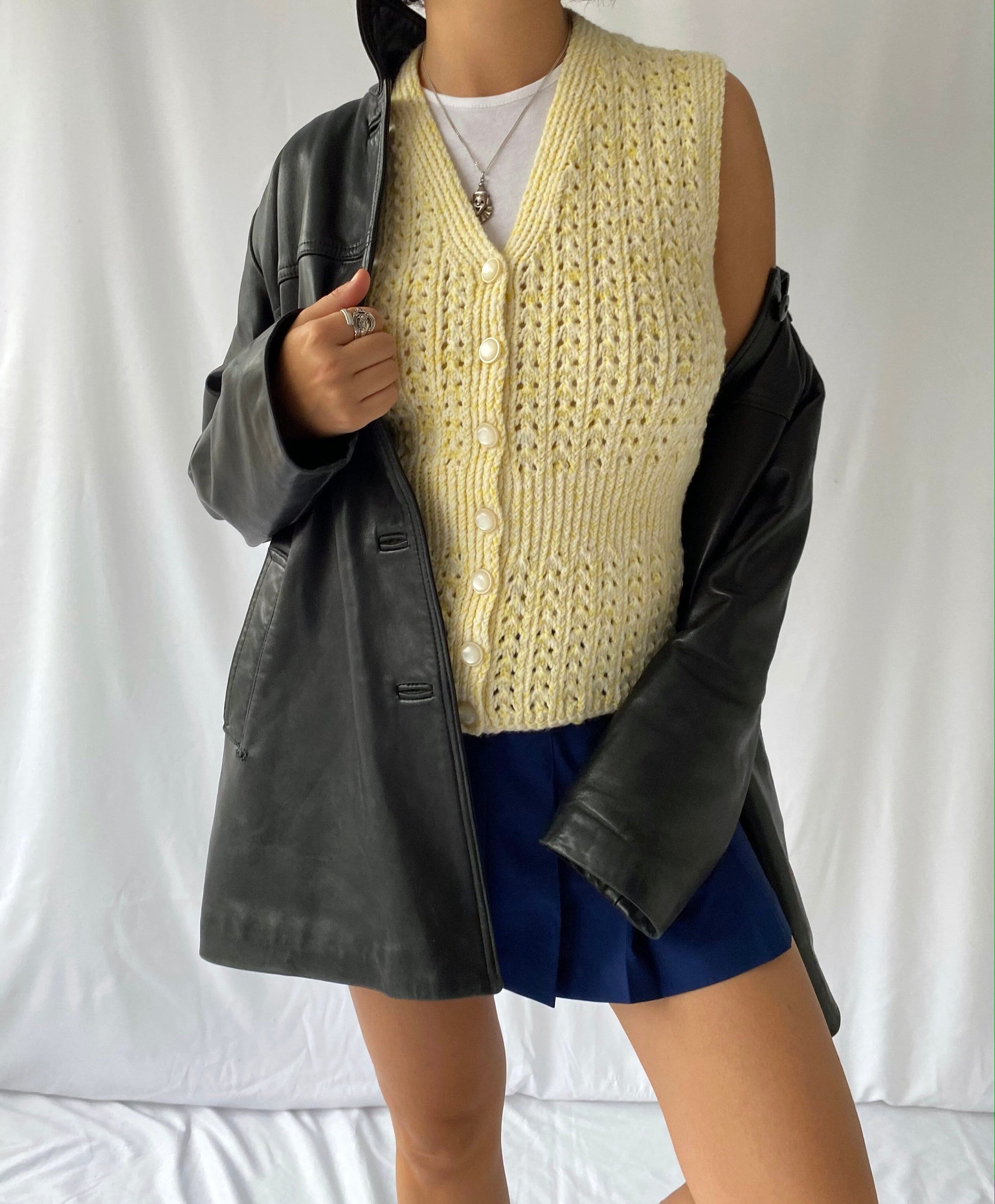 vintage handmade thick knit yellow button up sweater vest