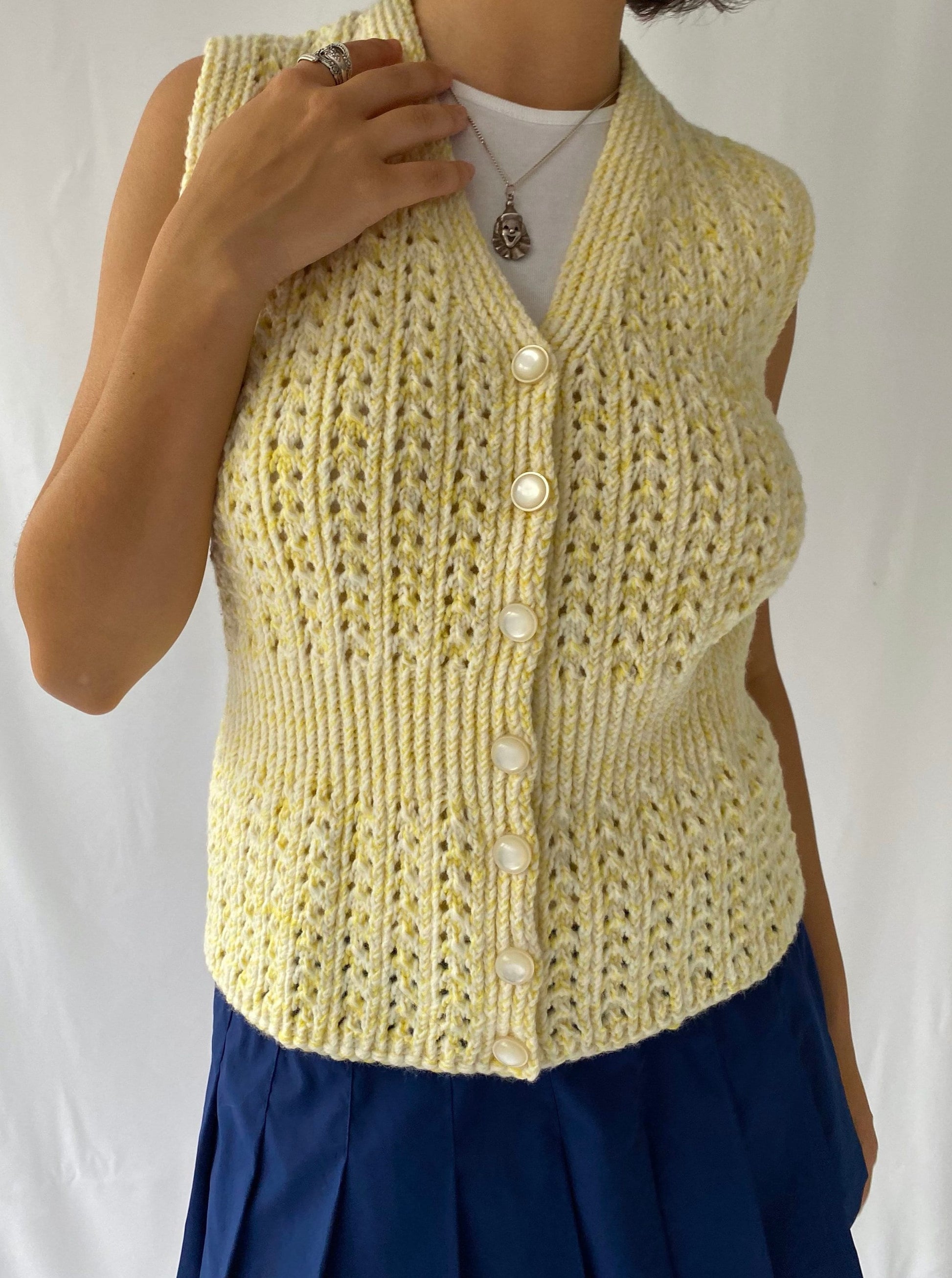 vintage handmade thick knit yellow button up sweater vest