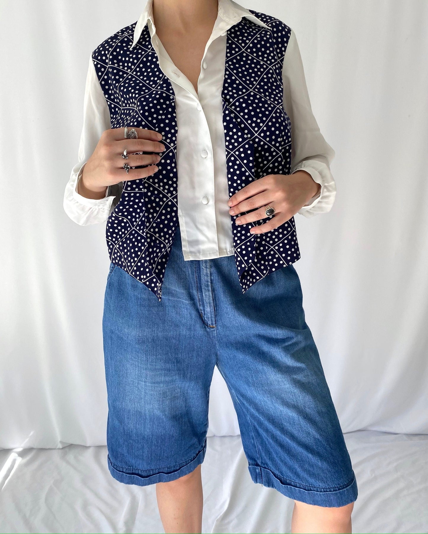 90s vintage polka dot navy blue white attached vest blouse – small | novelty retro layered collared button up shirt