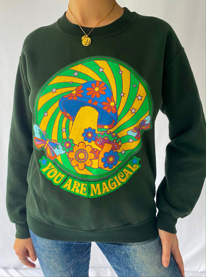 y2k retro green shrooms hippy pullover sweatshirt – small | groovy rainbow psychedelic crewneck sweater