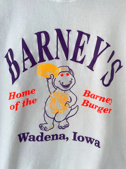 90s vintage barneys burgers white neon pullover sweatshirt – small | novelty cartoon crewneck long sleeved sweater