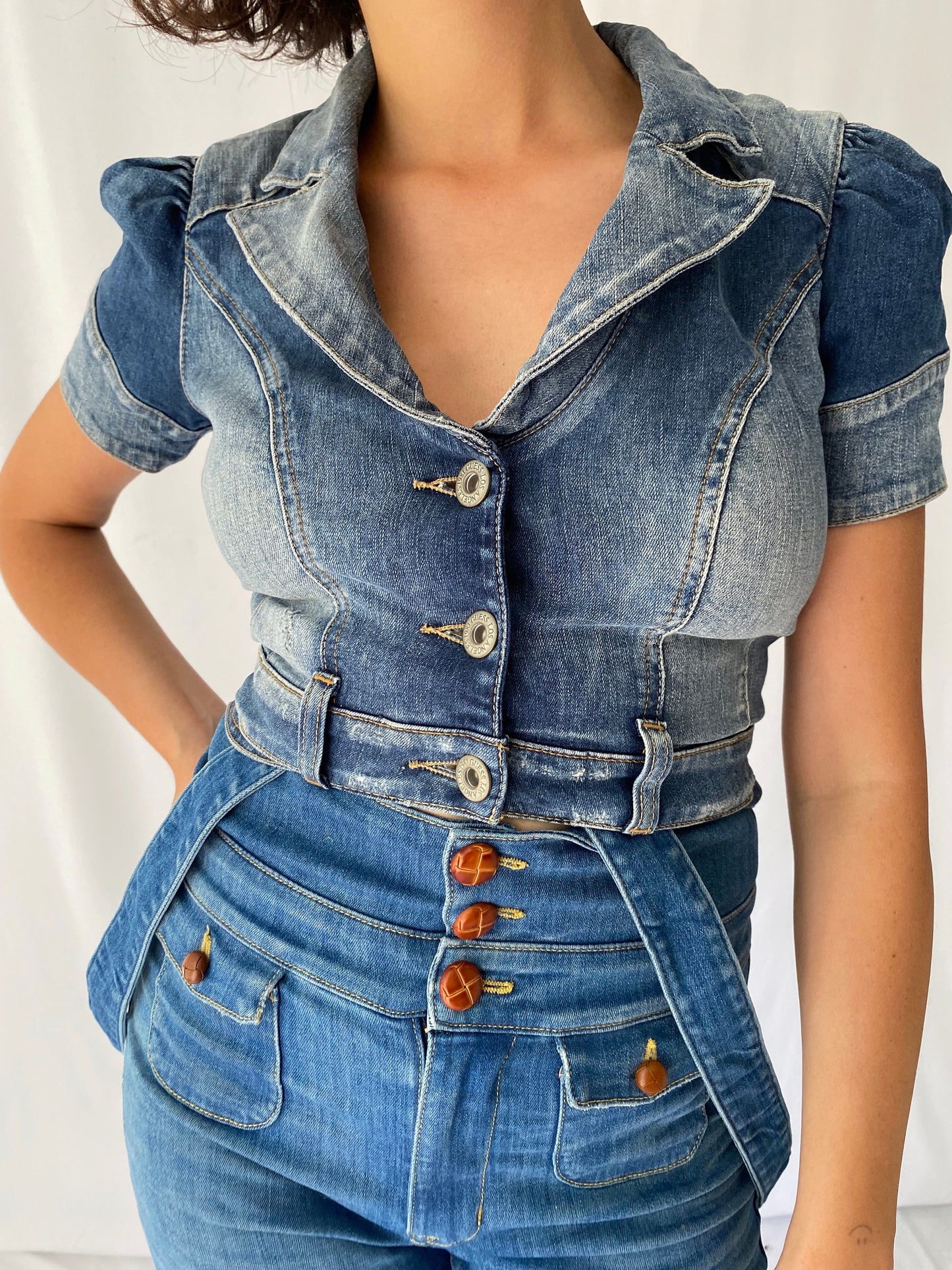 y2k vintage blue denim cropped blazer – extra small, small | guess jeans short sleeved collared jacket