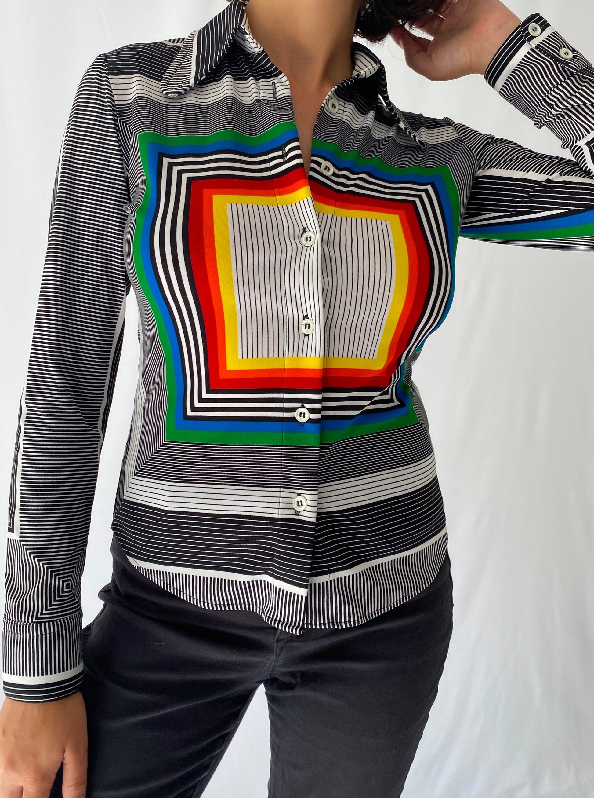 90s vintage rainbow abstract geometric long sleeved blouse
