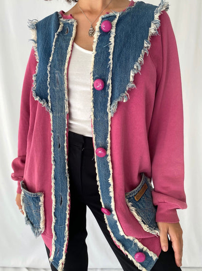 90s vintage pink blue denim sailor collar sweater cardigan