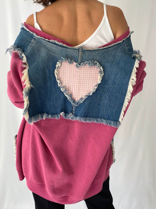 90s vintage pink blue denim sailor collar sweater cardigan – one size | novelty unique cute heart sweatshirt jacket