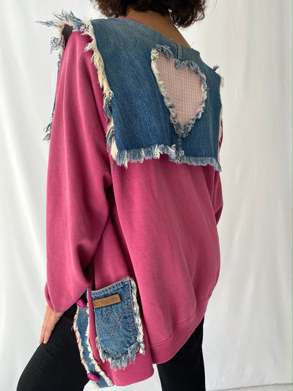 90s vintage pink blue denim sailor collar sweater cardigan
