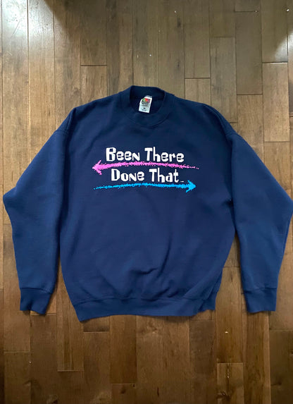 90s vintage navy text quote pullover sweatshirt – medium, large | graphic unisex retro crewneck spellout sweater