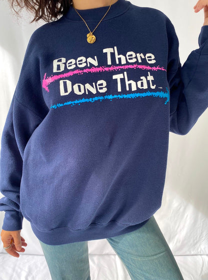 90s vintage navy text quote pullover sweatshirt – medium, large | graphic unisex retro crewneck spellout sweater