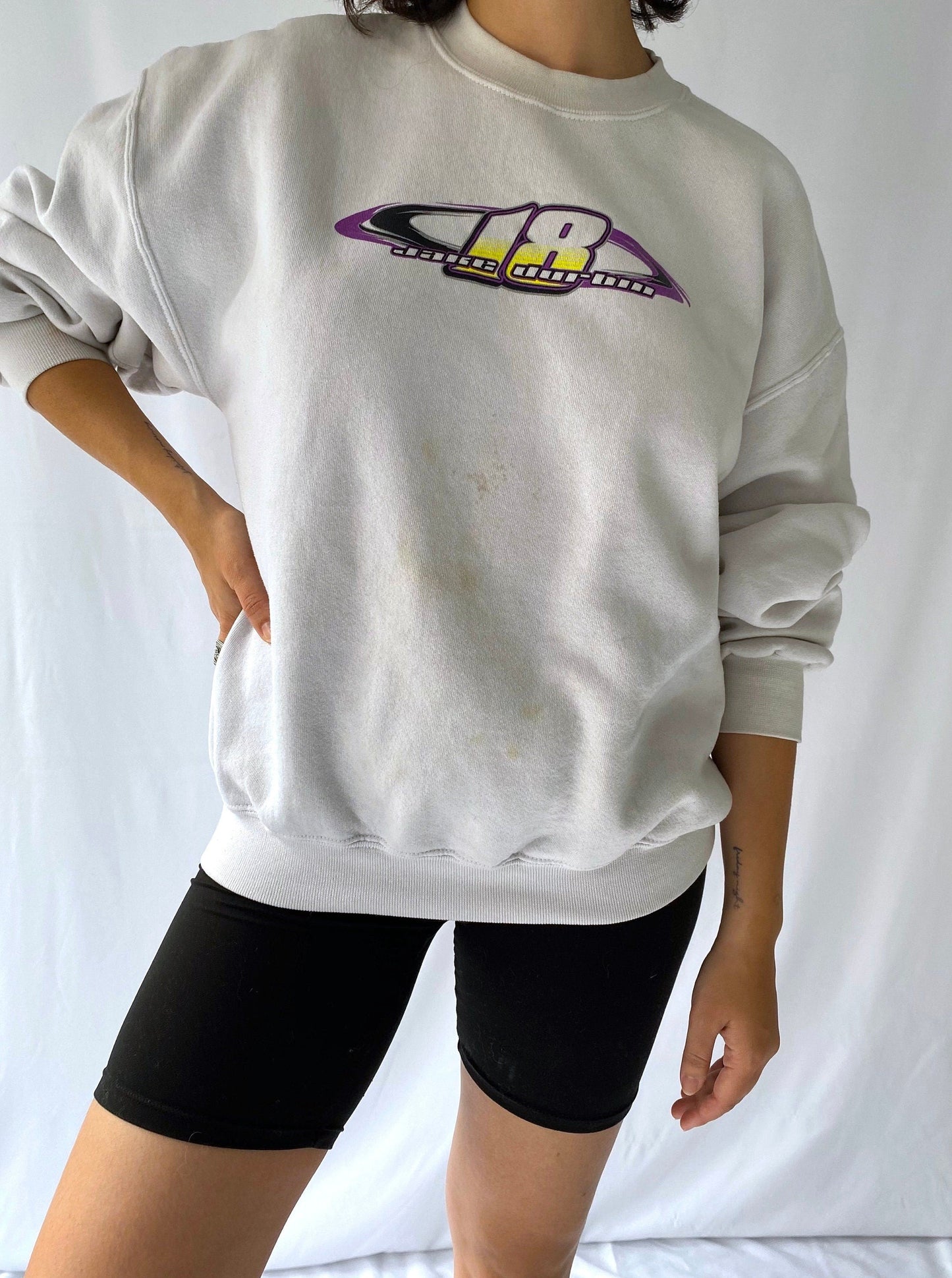 90s vintage white neon race car pullover sweatshirt – medium large | unisex nascar graphic crewneck sweater