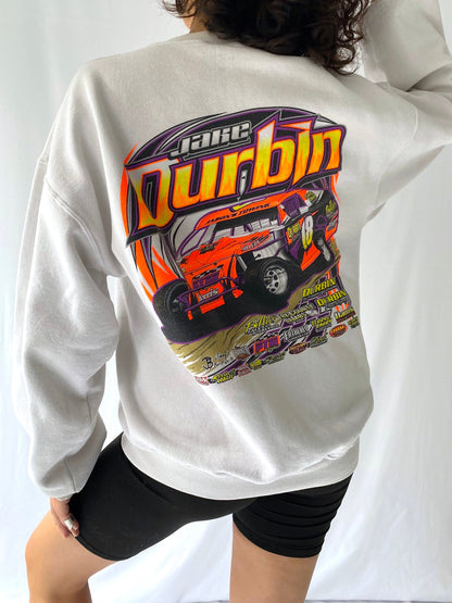 90s vintage white neon race car pullover sweatshirt – medium large | unisex nascar graphic crewneck sweater