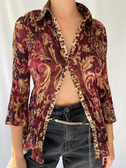 y2k burgundy gold sheer paisley pleated button up blouse – small | chiffon boho witchy flowy collared shirt