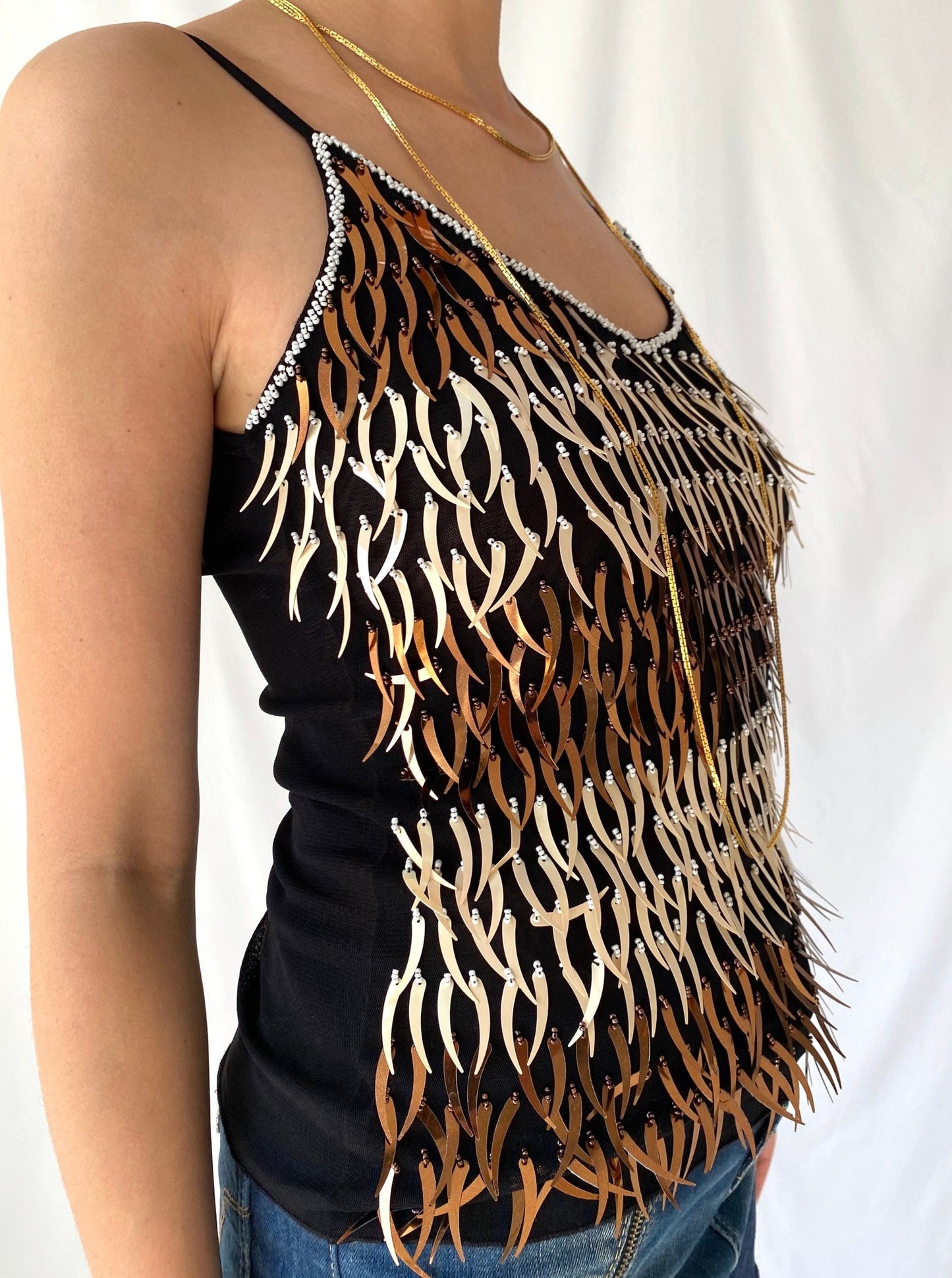 90s vintage black gold embellished sequin stretchy tank top - small | metallic beaded tassels fringe camisole