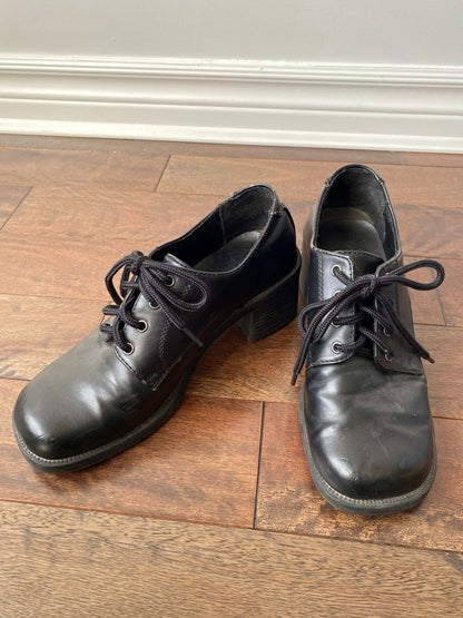 90s vintage black leather square toe lace up mary jane oxfords - womens US 7 | chunky grunge witchy lolita goth dark academia heels