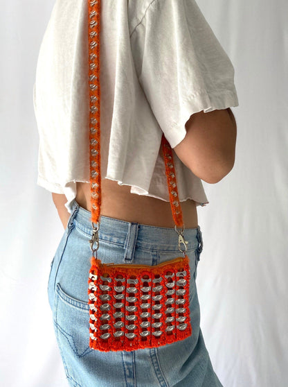 90s vintage orange silver small aluminum soda pop can pull tab bag | handmade upcycled crochet crossbody wallet pouch