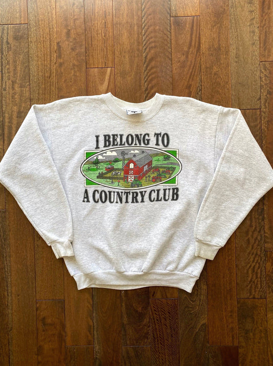 90s vintage grey country club farm graphic pullover sweatshirt – medium large | outdoor nature spellout unisex crewneck sweater