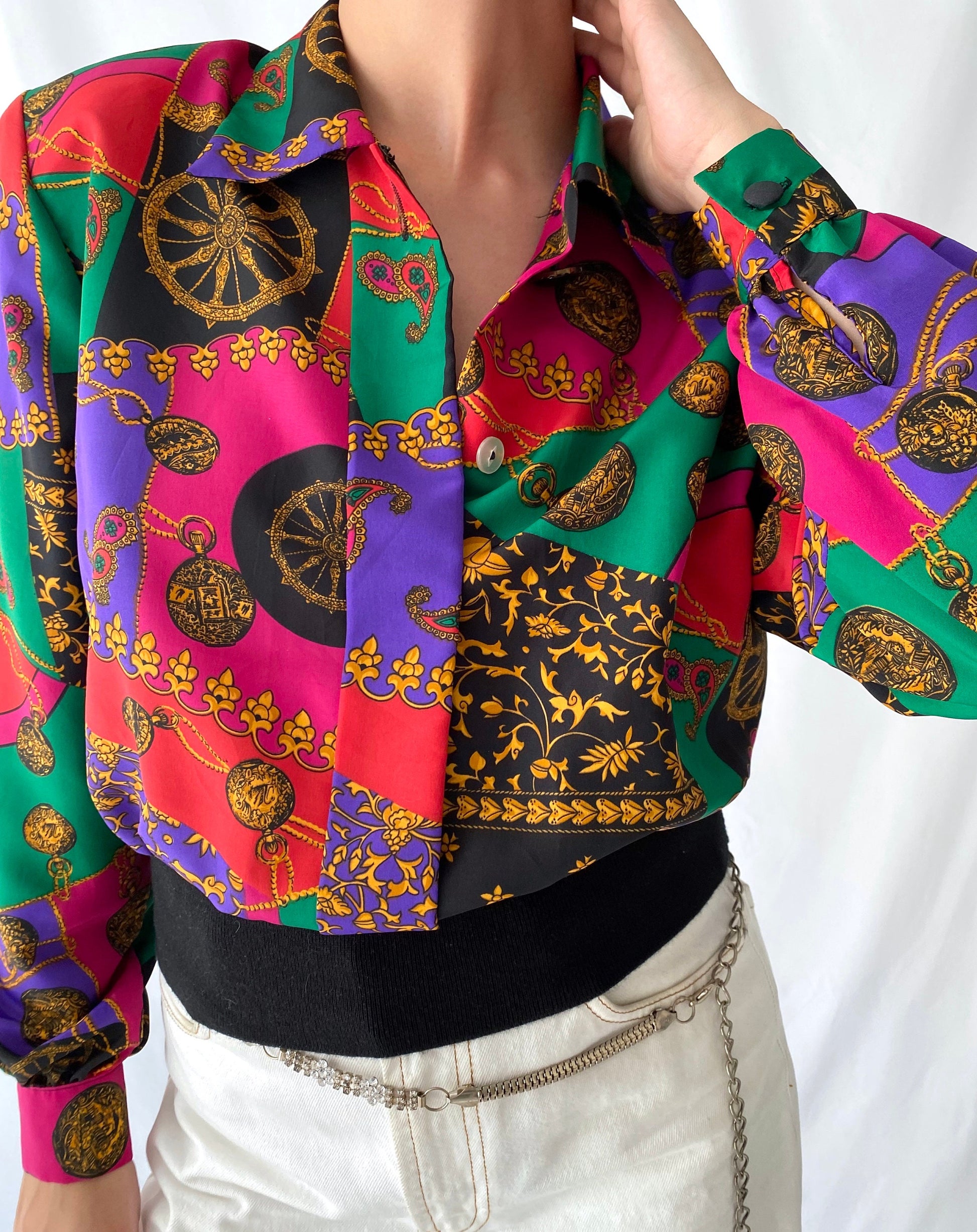 80s vintage colorful abstract cropped button up blouse