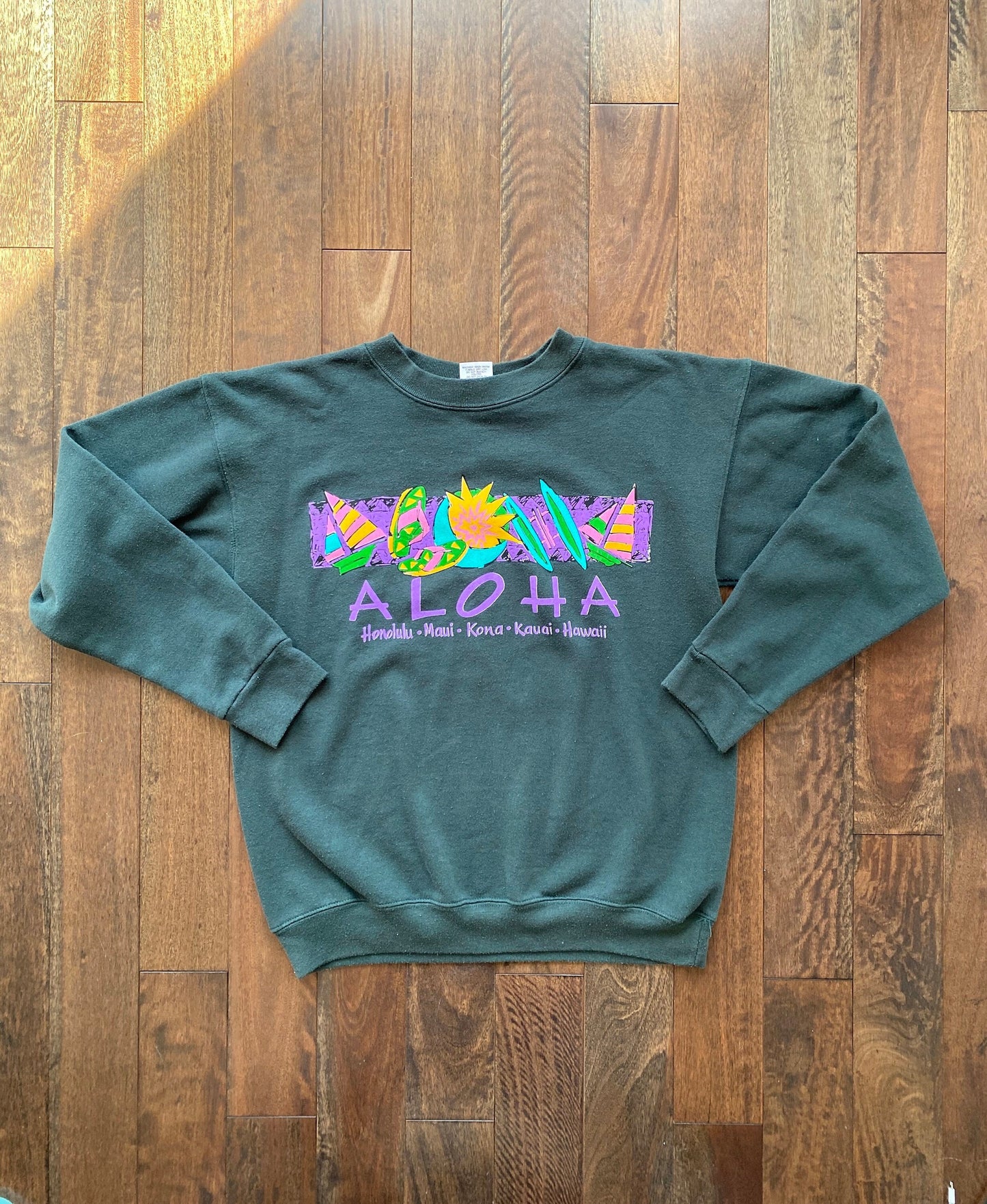 90s vintage dark green hawaii pullover sweatshirt - medium, large | vacation souvenir aloha sailing crewneck sweater