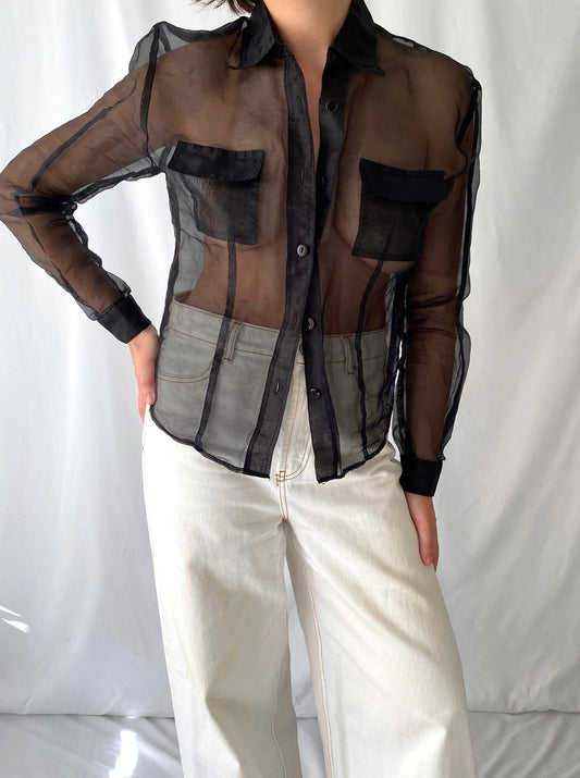 90s vintage black transparent long sleeve sheer blouse – small | see through iridescent organza collared button up shirt