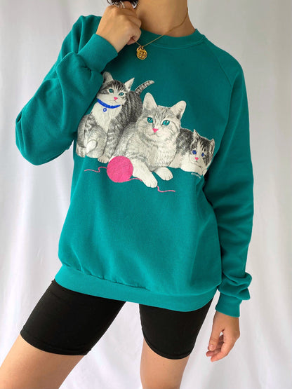 80s vintage green kittens cats yarn ball pullover sweatshirt – medium | cottage granny cotton pastel crewneck sweater