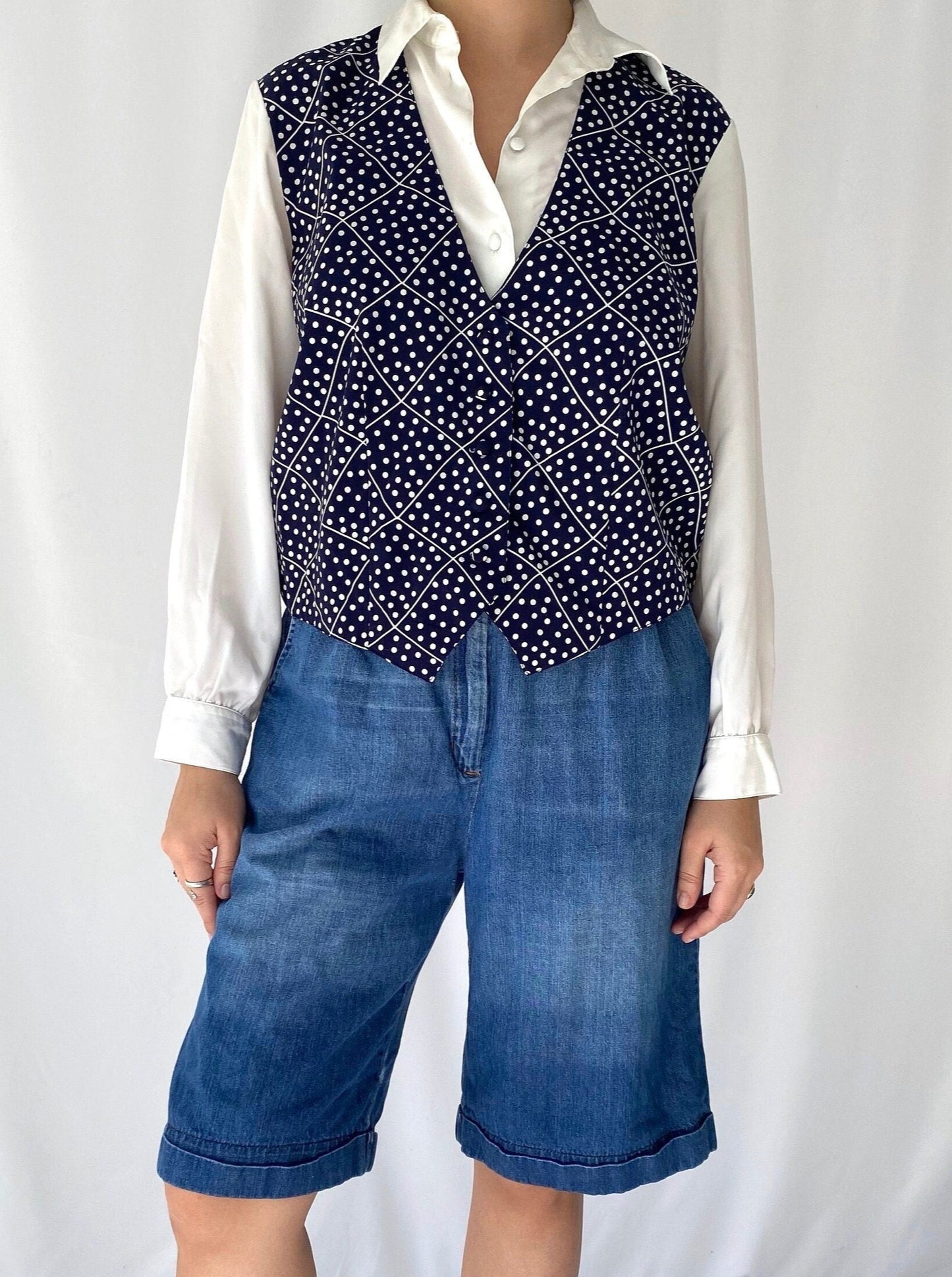 90s vintage polka dot navy blue white attached vest blouse – small | novelty retro layered collared button up shirt