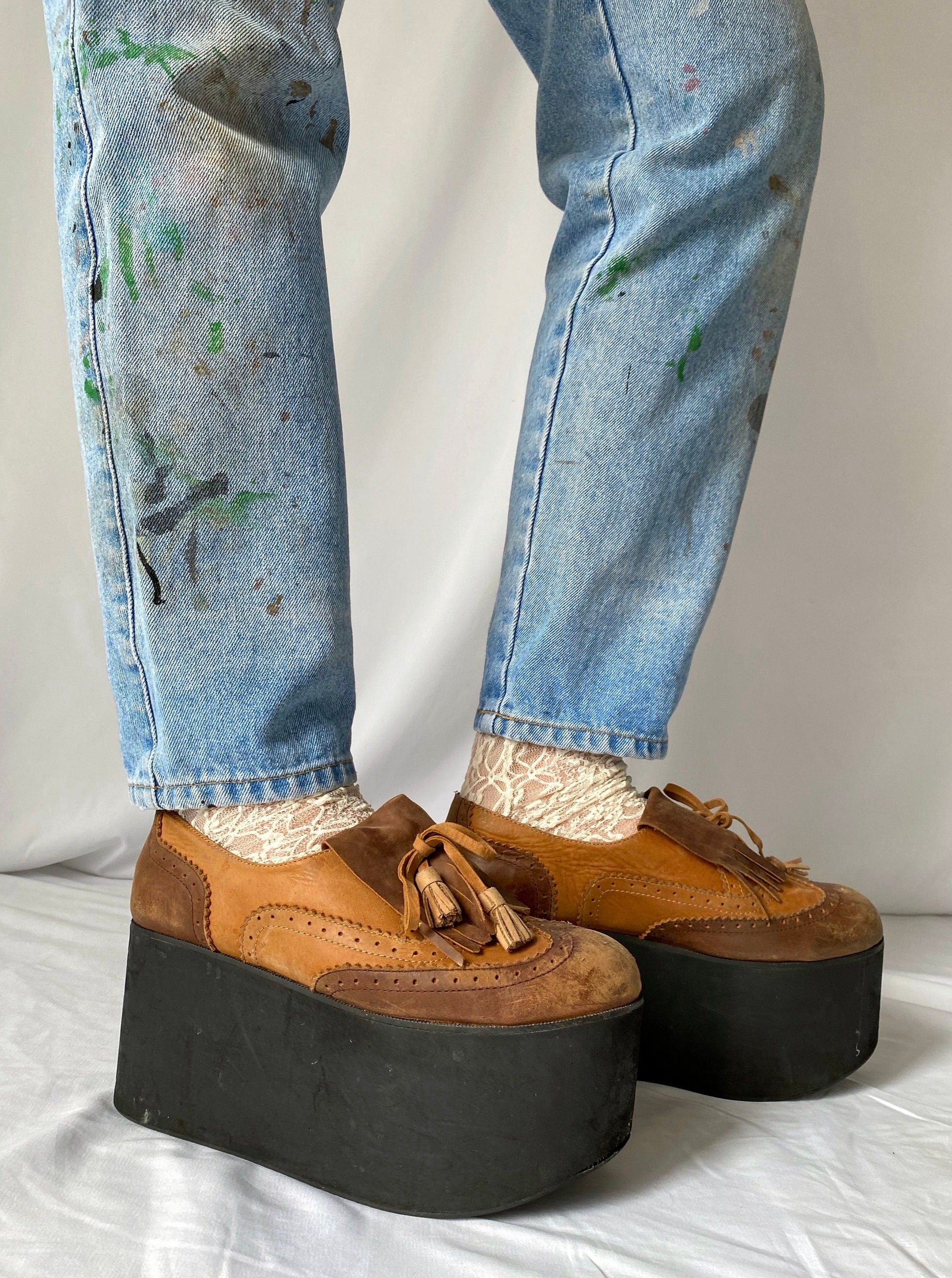 y2k does 70s vintage brown leather platforms - womens size 9