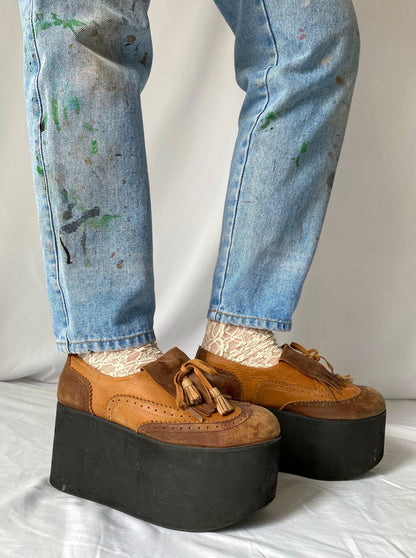 y2k does 70s vintage brown leather platforms - womens size 9