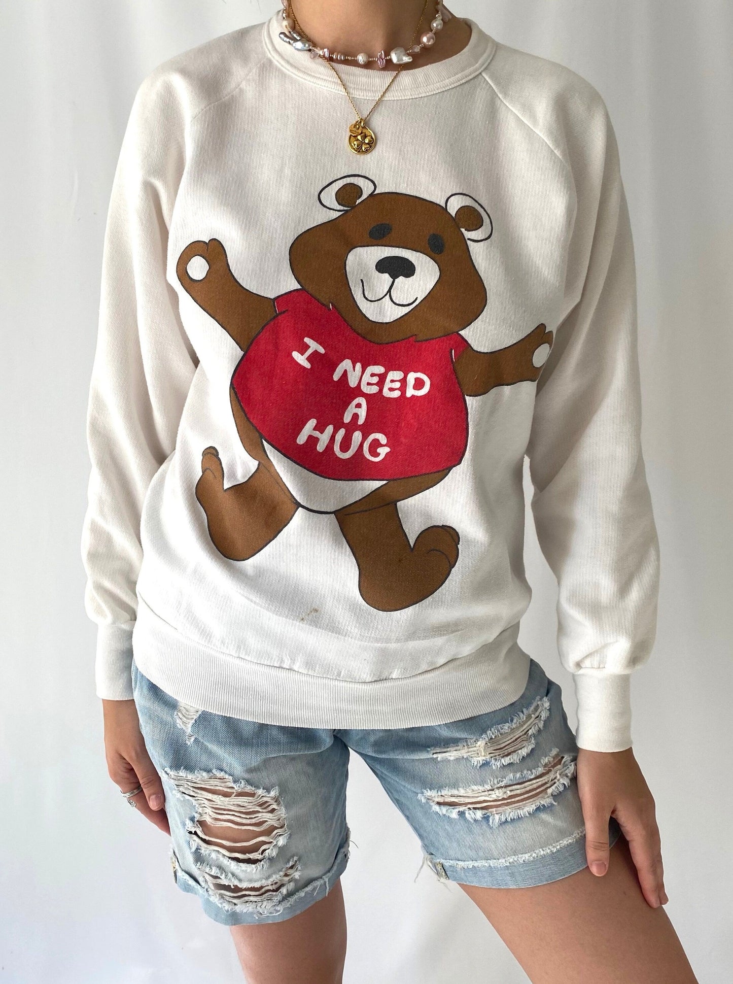 80s 90s vintage I Need A Hug teddy bear pullover sweater – extra small, small
