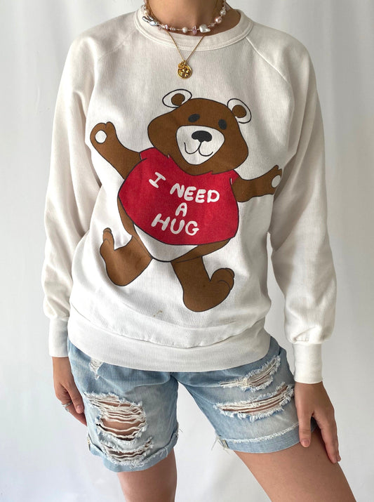 80s 90s vintage I Need A Hug teddy bear pullover sweater – extra small, small | cartoon cute kidcore long sleeve sweatshirt