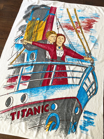 90s vintage Titanic film novelty graphic summer beach towel | terry cloth cartoon illustration vacation James Cameron movie