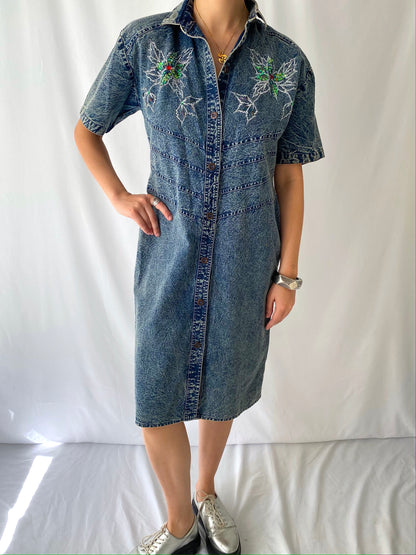 80s vintage blue acid wash denim embellished midi dress – medium, large | retro floral sequins short sleeved button up collared dress