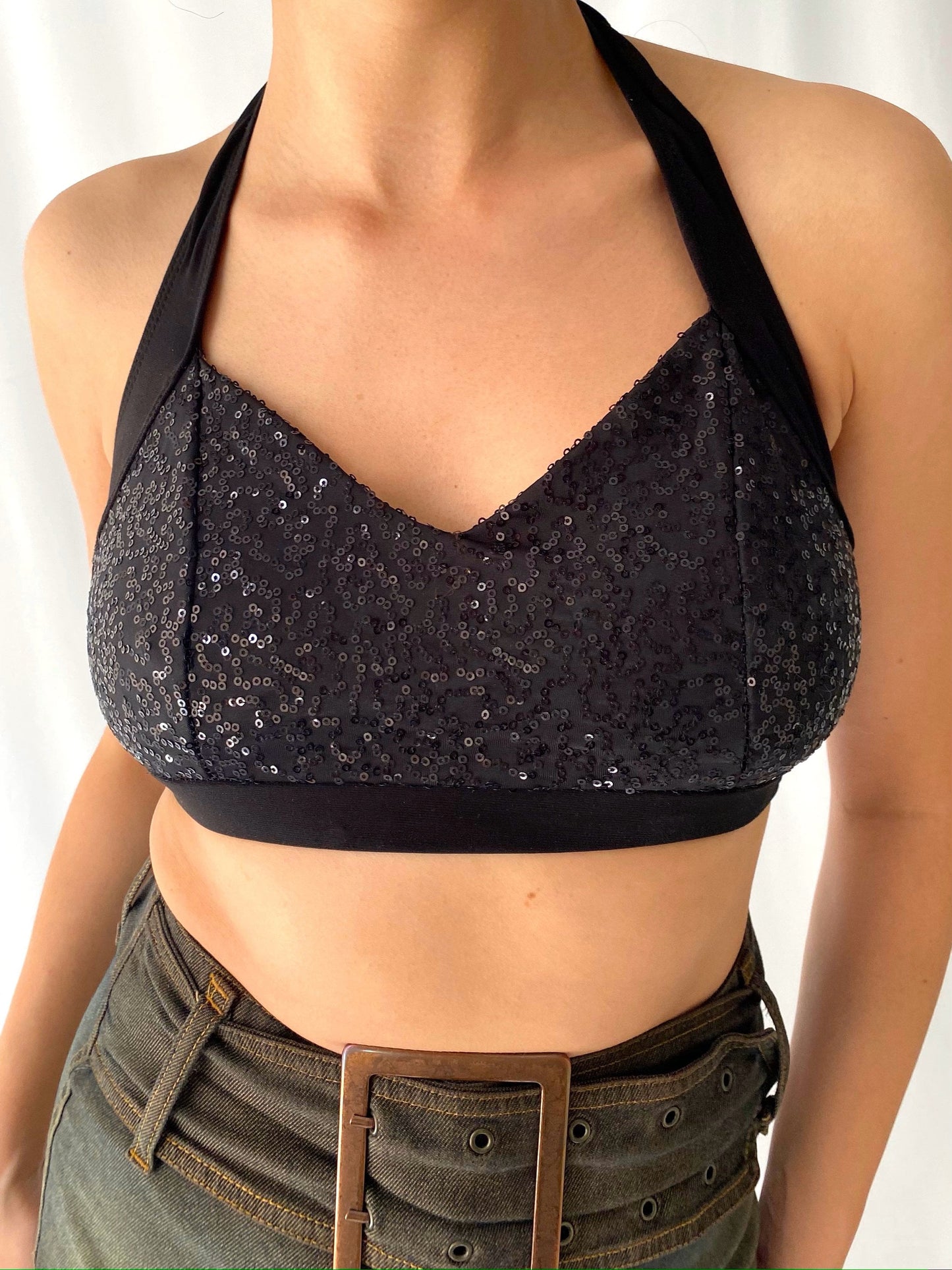 90s vintage black sequin cropped halter bra – small, medium | dance sports crop tank top