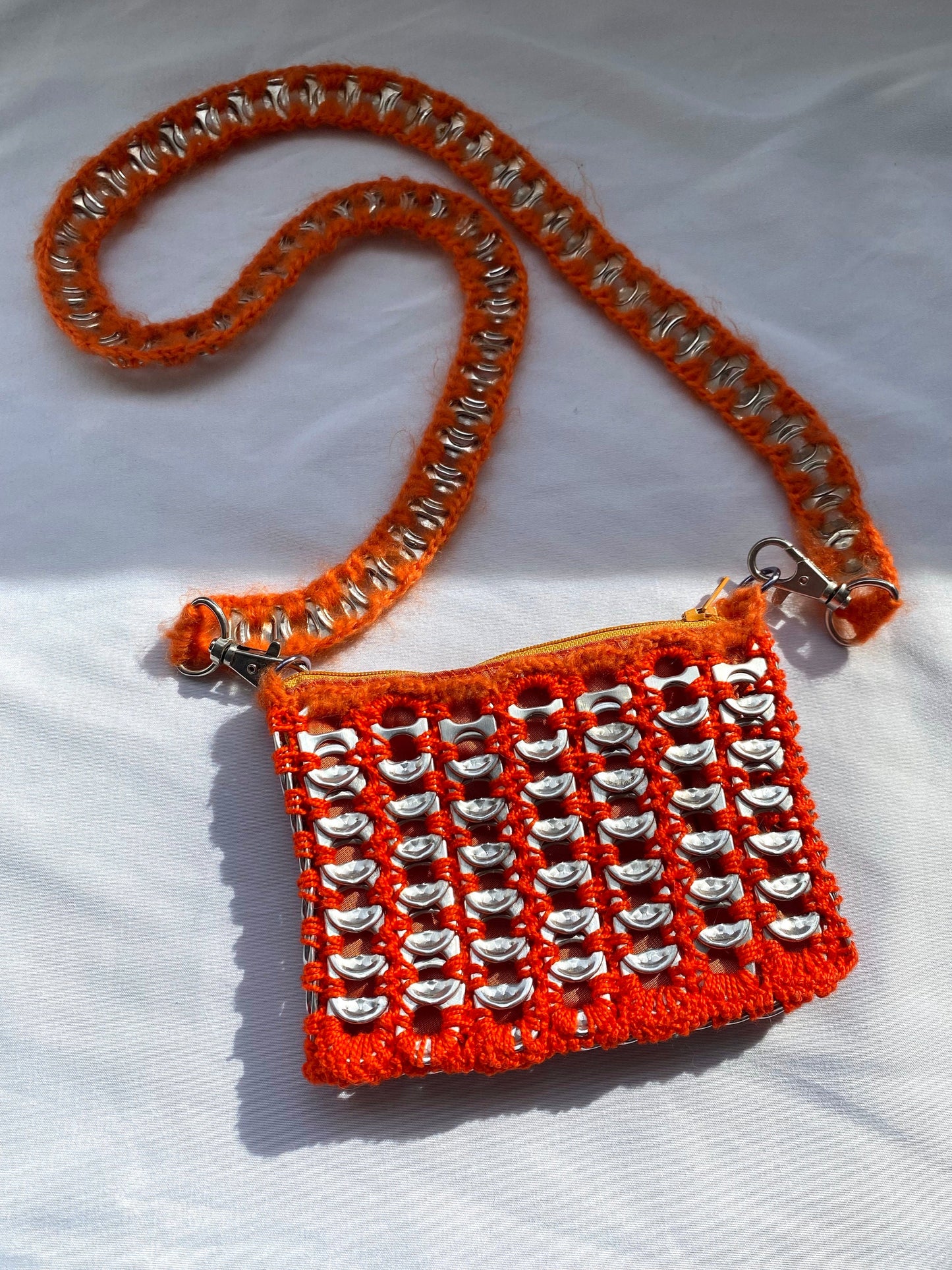 90s vintage orange silver small aluminum soda pop can pull tab bag | handmade upcycled crochet crossbody wallet pouch