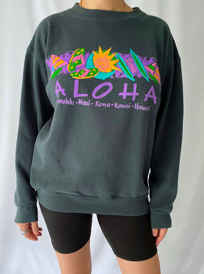 90s vintage dark green hawaii pullover sweatshirt - medium, large | vacation souvenir aloha sailing crewneck sweater