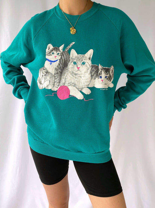 80s vintage green kittens cats yarn ball pullover sweatshirt – medium | cottage granny cotton pastel crewneck sweater