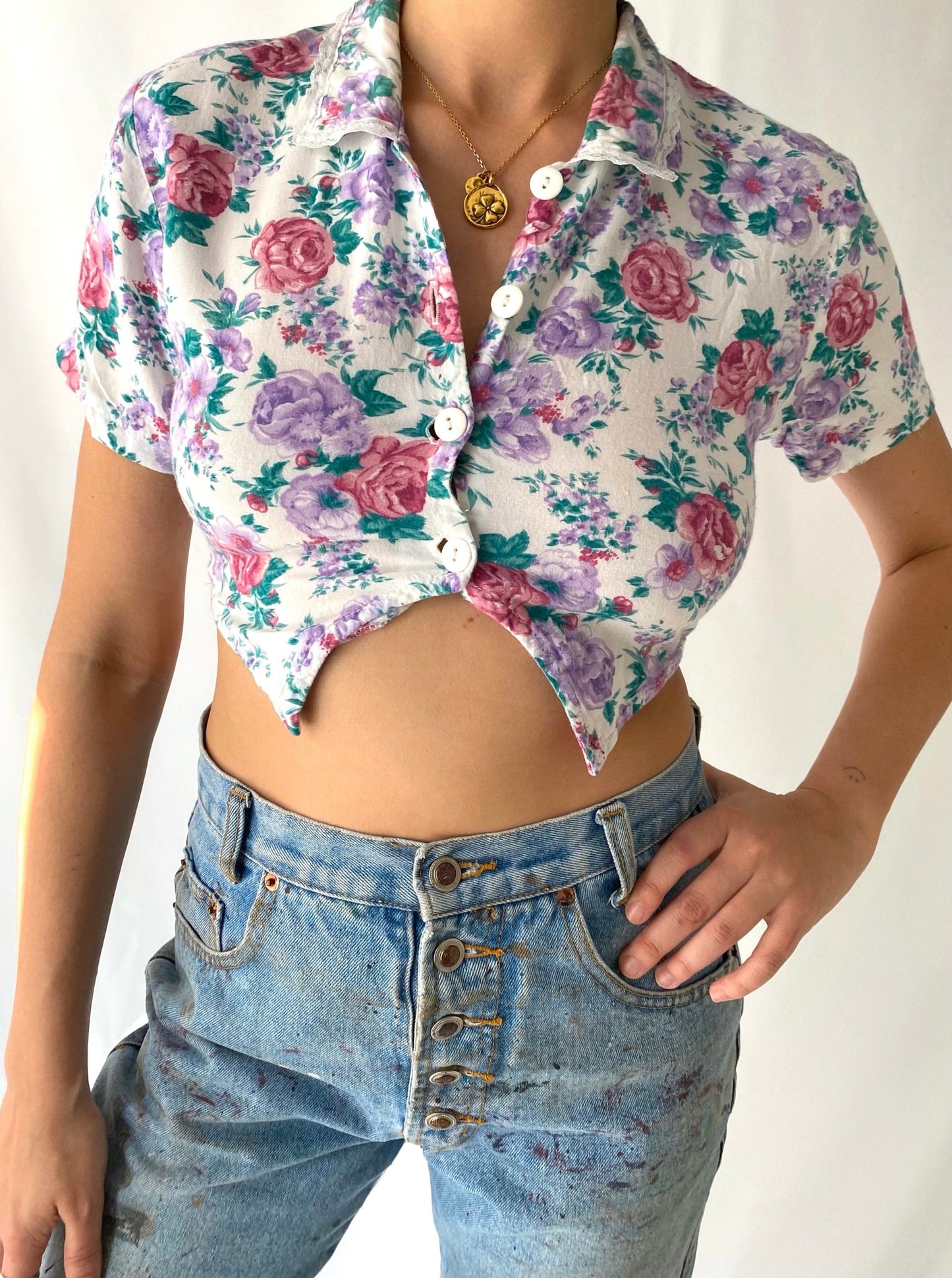 90s vintage floral collared button up crop top - extra small, small 