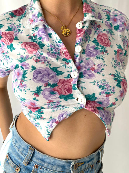90s vintage floral collared button up crop top - extra small, small 