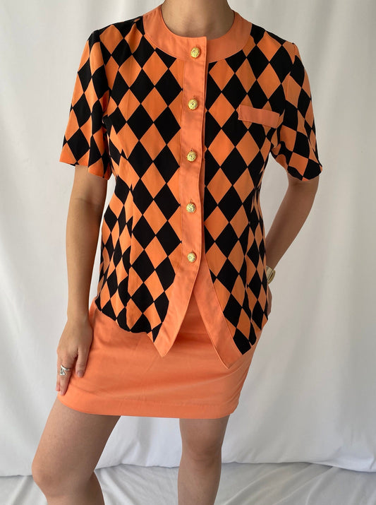 90s vintage orange black short sleeved blouse mini skirt matching set – small, medium | checkered clown silky button up coord set