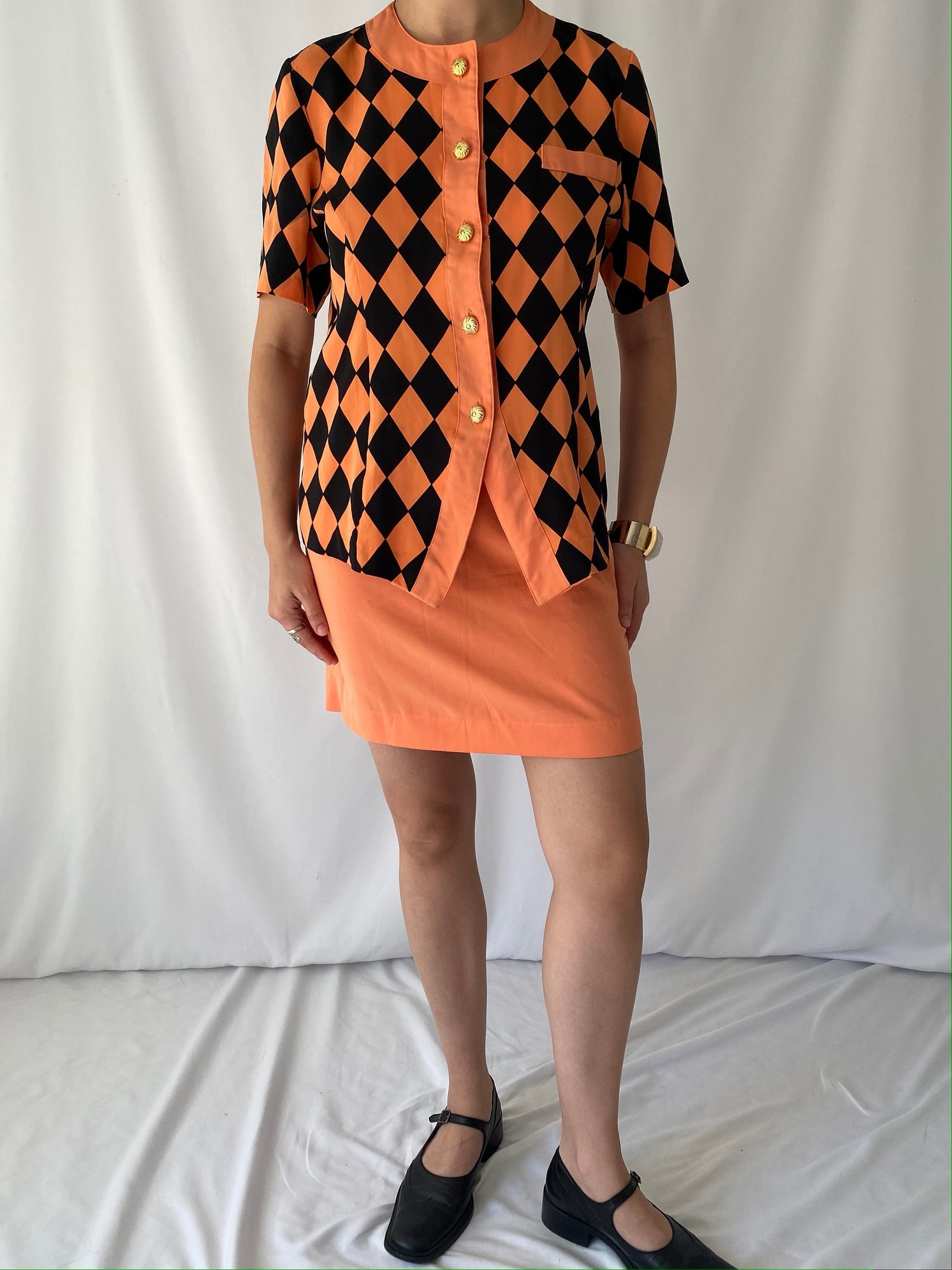90s vintage orange black short sleeved blouse mini skirt matching set