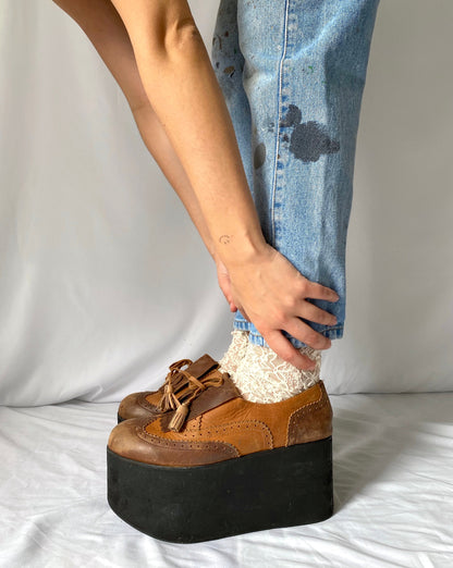 y2k does 70s vintage brown leather platforms - womens size 9