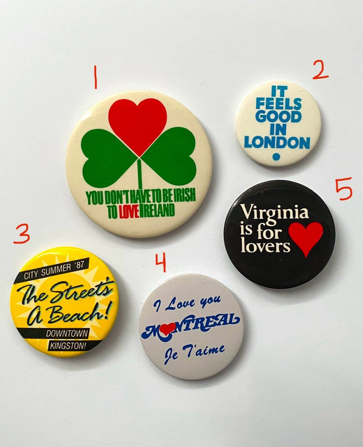 70s 80s vintage travel metal button pins | souvenir ireland london virginia usa montreal kingston canada tourist pinbacks