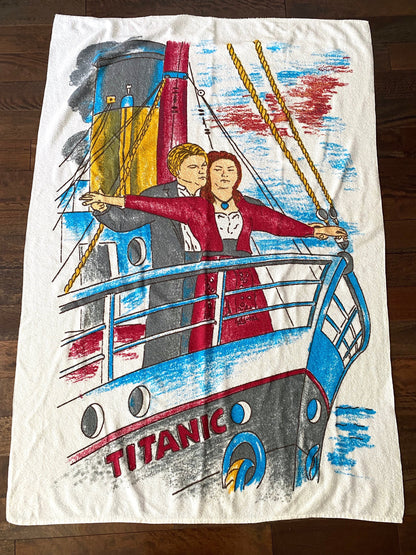 90s vintage Titanic film novelty graphic summer beach towel | terry cloth cartoon illustration vacation James Cameron movie