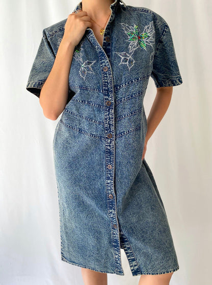 80s vintage blue acid wash denim embellished midi dress – medium, large | retro floral sequins short sleeved button up collared dress