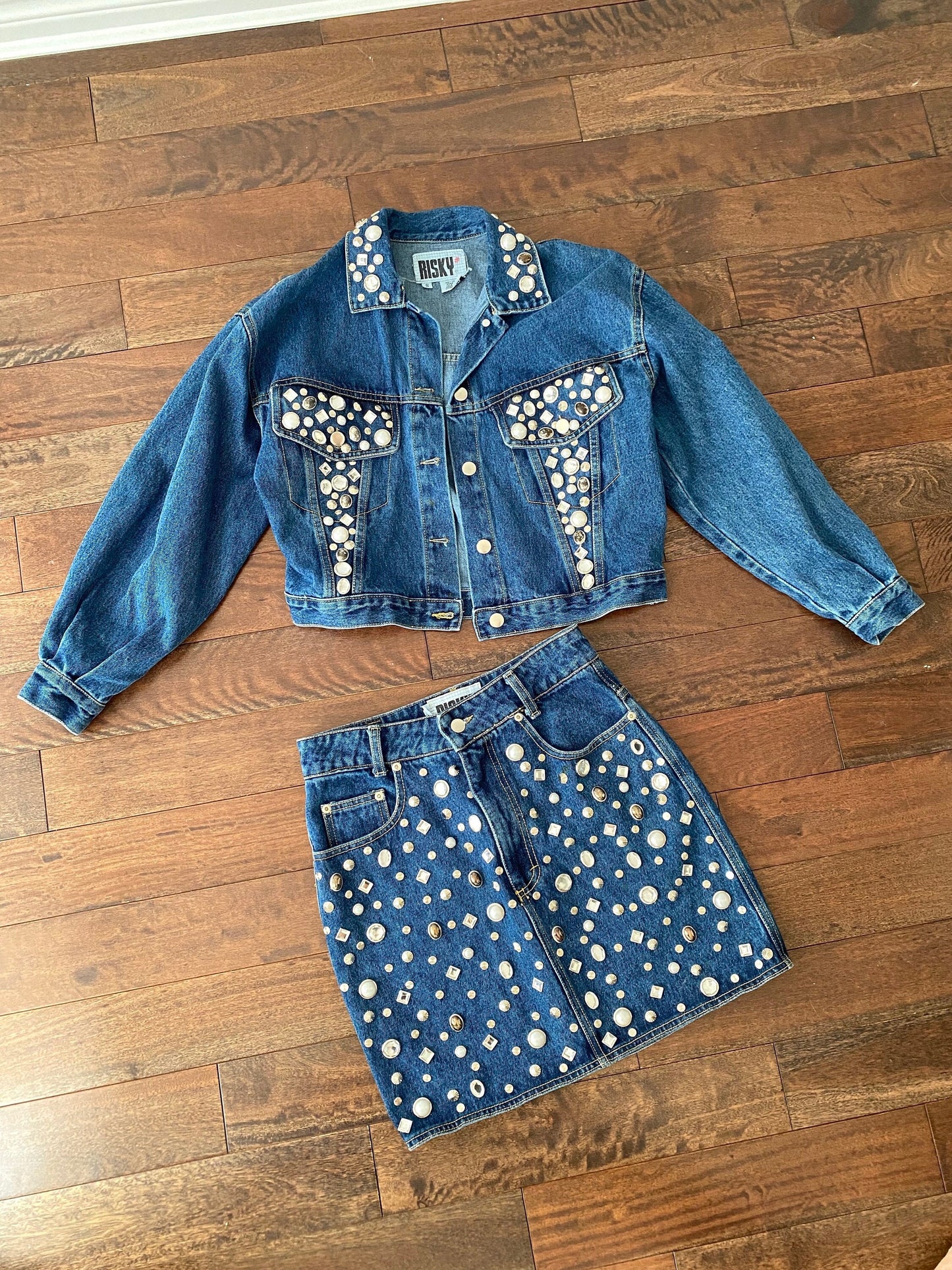 80s RARE vintage blue denim embellished jacket mini skirt belt set – small, medium | studded gems two piece matching set