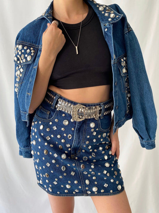 80s RARE vintage blue denim embellished jacket mini skirt belt set – small, medium | studded gems two piece matching set